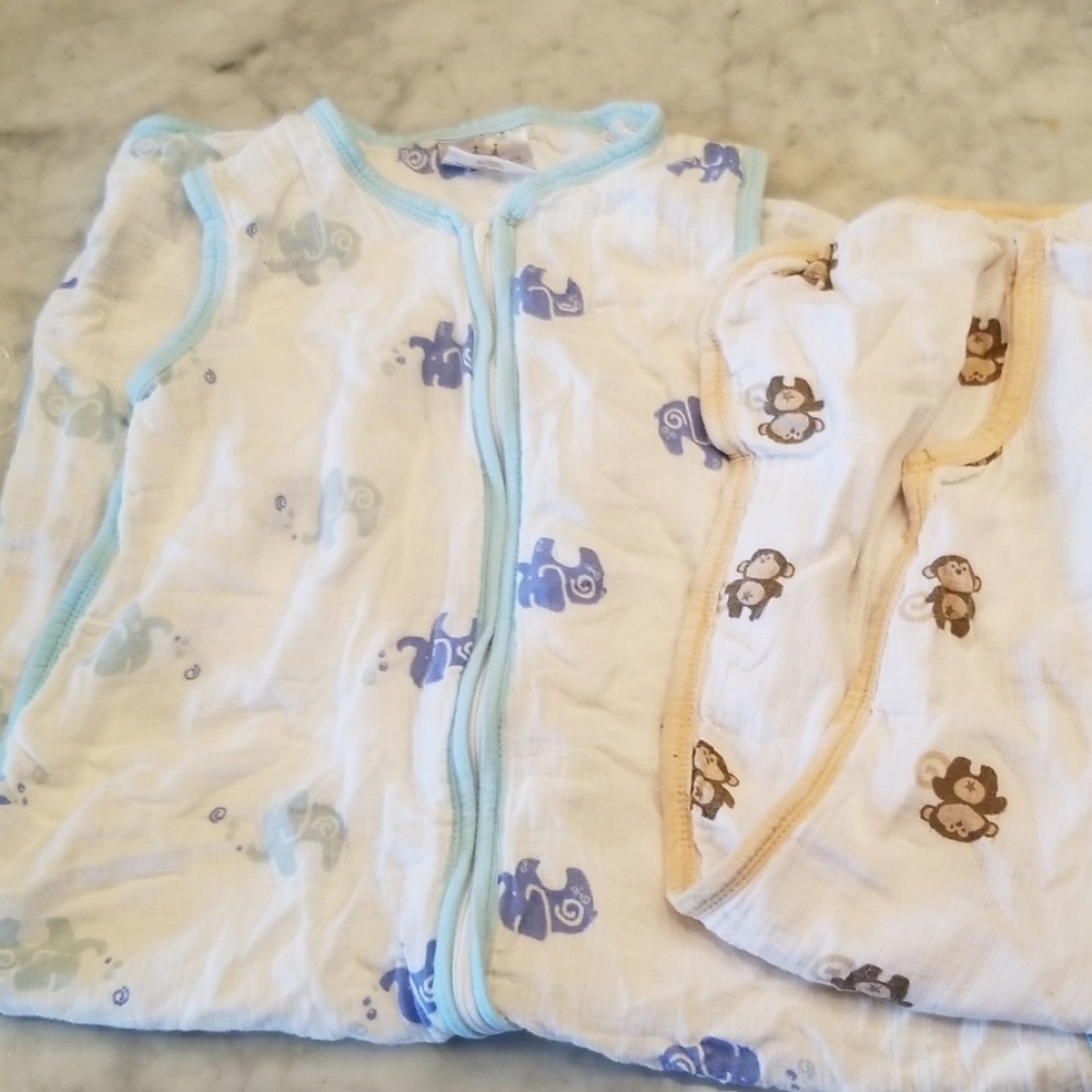 aden + anais White Muslin Sleep Sacks with Blue and Tan Animal Prints